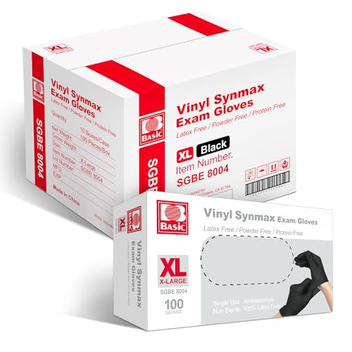 Vinyl Exam Gloves, 4 mil Safty Glove Latex-Free & Powder-Free, SGBE 8004 Synmax Disposable Medical Glove X-Large (Case of 1000, Black)