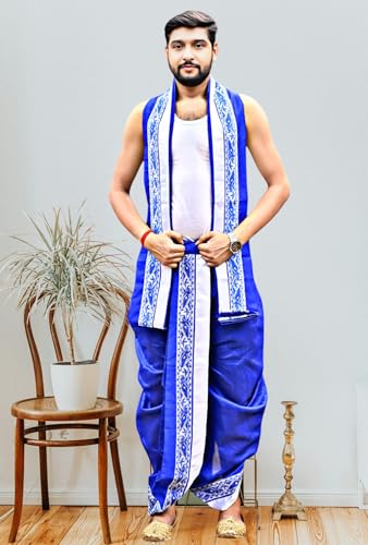 Image of Men's Ethnic | Traditional Ready to wear (Pant System) Readymade Panchakacham Dhoti With Angavastram(Towel) Set, Tassar Silk, Free Size (GC002)
