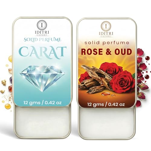 Image of IDITRI EXPORT Solid Perfume |Rose & Oud&Carat Alcohol Free Wax Perfume Balm, Long Lasting | Pocket Tin 12g, Pack Of 2| Non Greasy Smooth Glide, Travel Friendly Men And Women