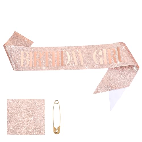 DOPENSPI Geburtstag Schärpe, Glitzernde Birthday Queen/Girl Schärpen, Glitzernde Roségoldene Geburtstagsschärpe mit Anstecknadel, Geburtstagsparty Zubehör für Frauen und Mädchen(Birthday Girl)