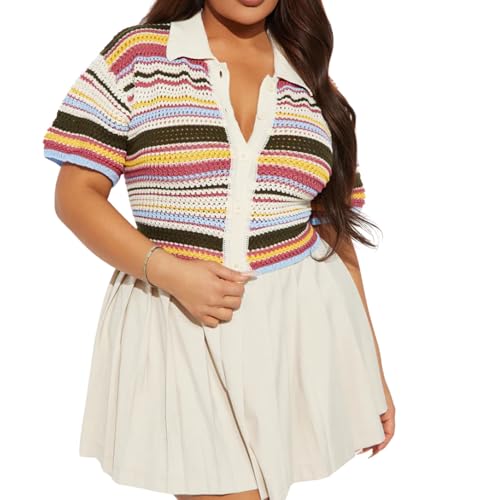 Chevara Women’s Striped Crochet Sweater Cardigan Short Sleeves Polo Collared Sweater Tops2