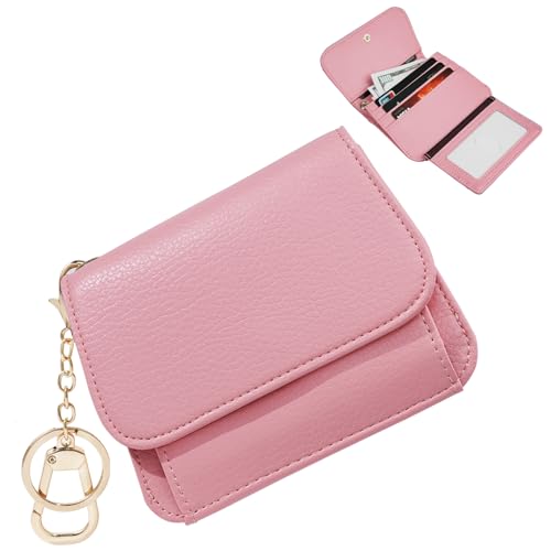 Image of Women Small Wallet RFID Blocking Slim Wallet with Coin Pocket Tri-Fold Credit Card Holder with ID Window and Keychain(Pink)