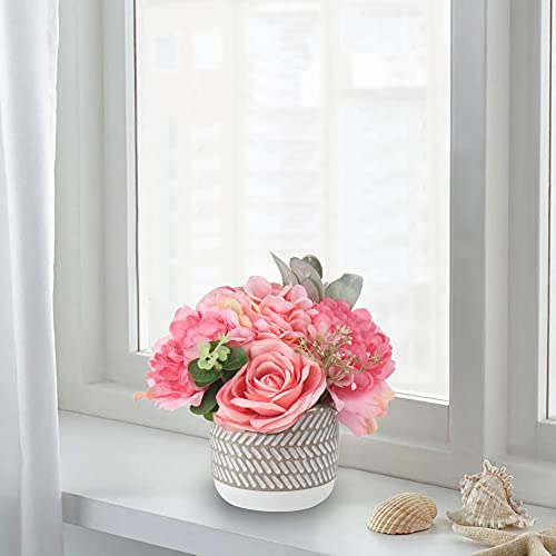 Large Artificial Potted Flower Shabby Shic Decoration Artificial Flowers Roses Hydrangeas Arrangements With Vase For Home Decor Artificial Flowers In Vase Farmhouse Decor Pink Faux Flowers In Vase #TOP2