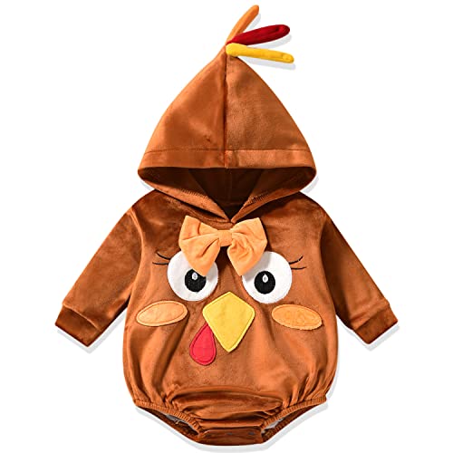 Aalizzwell 0-3 Months Baby Boys Thanksgiving Outfit Infant Girls Turkey Hooded Romper Bodysuit Brown