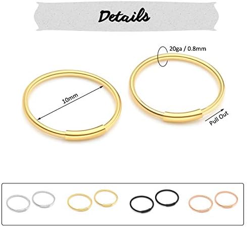 PiercingJ 12pcs Stainless Steel 20G 8mm 10mm Hinged Clicker Seamless Nose Hoop Rings Captive Ring for Nose Ear Helix Cartilage Tragus Daith Septum Eyebrow Lip Body Piercing Jewelry