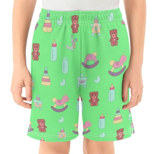 Cartoon Bear Athletic Shorts with Zipper Pockets, Youth Boys Athletic Running Shorts for Summer2
