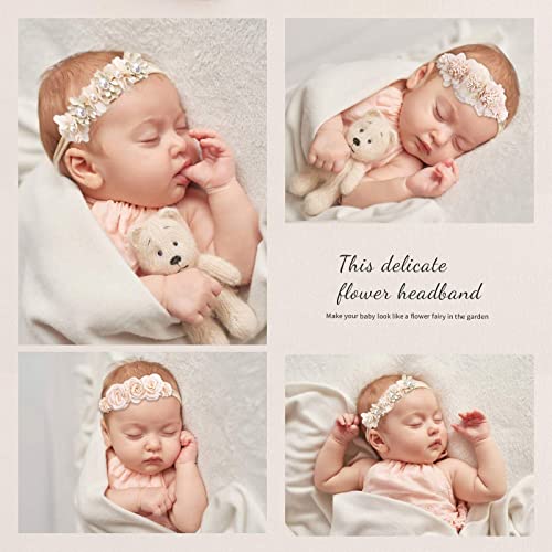 Pabobit Baby Girl Flower Nylon Headband-Elastic Hair Band Handmade Bow For Newborn Infant Toddler Pack Of 3 (White) #TOP2