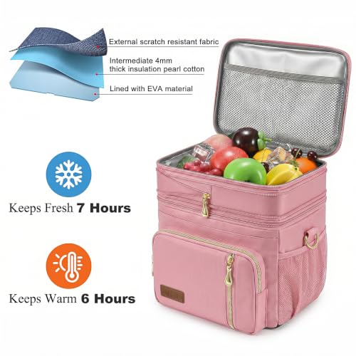 Image of MIYCOO Lunch Bag & Lunch Box for Women Men Double Deck - Leakproof Insulated Soft Large Adult Lunch Cooler Bag for Work, Beach, Picnic, Camping, Travel (Pink,15L)