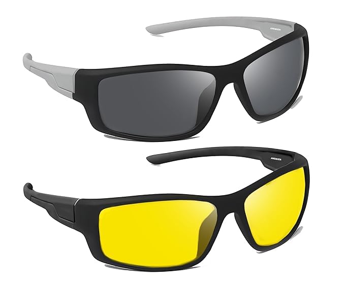 siddhmurti Combo of Night Driving HD Vision Glasses with Diamond Cut Design and Black Daytime UV400nm Sunglass for Men Women Anti Glare For Night Bike Riding Car driving, (Set up 2) (Multi Color)