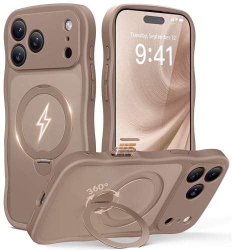 GolbinBox for iPhone 17 Pro Case for Women [Compatible with Magsafe][360 Spin Magnetic Stand][Cute Wave Edge][Military-Grade Protection] Translucent Matte Phone Case for iPhone 17 Pro Withered Brown