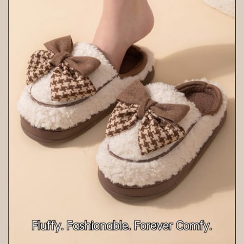 Bow Design Fluffy Warm Fuzzy Cute Closed Toe Slippers Comfy Autumn Winter Indoor Outdoor Slippers3