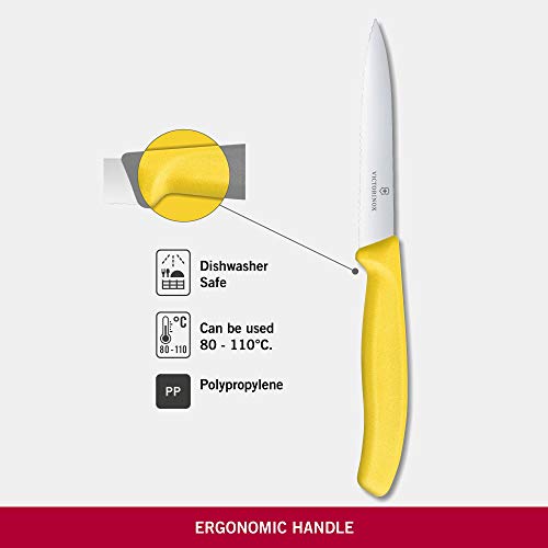 Image of Victorinox Kitchen Knife, Stainless Steel Swiss Made Vegetable Cutting and Chopping Knife, Serrated Edge, 10 cm, Yellow