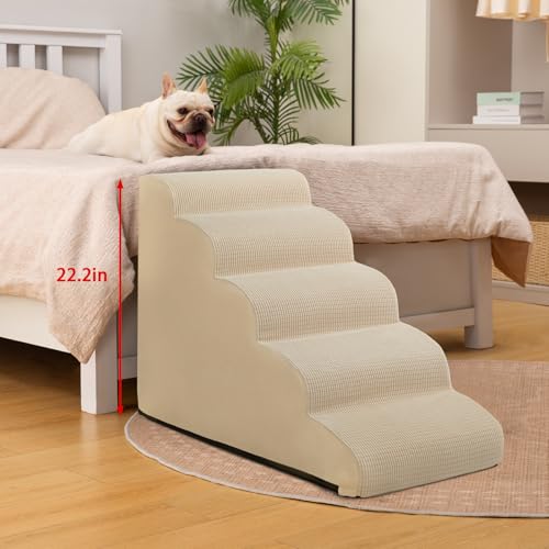 Image of Aodisman Dog Stairs for High Bed,5-Step Pet Ramp for Small Dogs and Cats | 22.2 inch H Dog Steps for Bed with High-Density Foam, Help Olders,Short-Legged Dogs,Puppy and Cats Get on Beds Easily,Grey,Beige