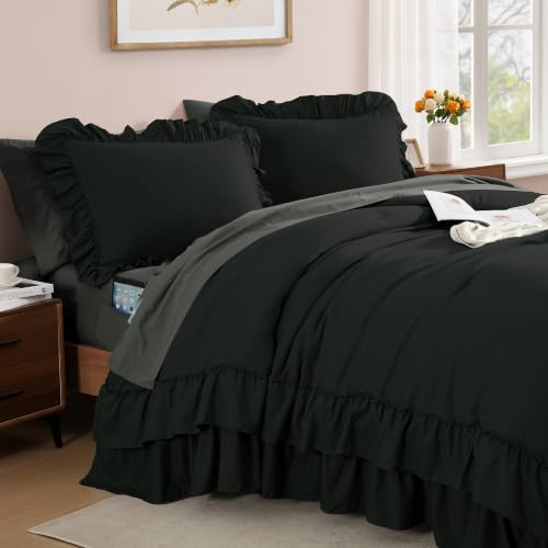 Image of King Size Comforter Set Black Ruffle 7 Pieces Farmhouse Bed in a Bag | Shabby Chic Fluffy All Season Bedding Sets with Sheets, Pillowcases & Shams