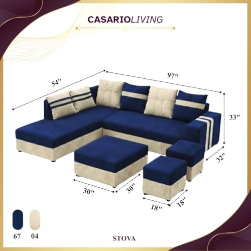 Image of Stova Luxe Velvet-Suede Fabric 8 Seater LHS L Shape Sofa Set | with 2 Ottoman & Centre Table| Comfortable & Spacious Seating | Modern Sofa Set for Living Room - Dark Blue & Cream