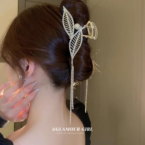 Image of Diversa Rhinestone Golden Claw Clip, Embellished Korean Clutcher, Non- Slip Metal Claw Clip for Girls, Fancy Clutcher for Women, Pack of 1 (Double Leaf)