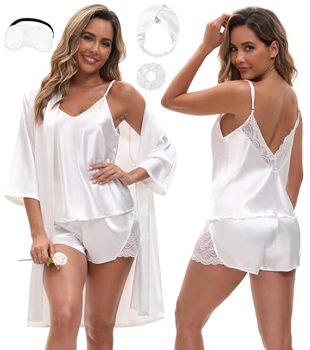 EPLAZA 3 Pcs Silk Pajamas for Women Satin Pajama Set Sexy Lace V-neck Cami Top Shorts Pjs Set with Robe Sleepwear