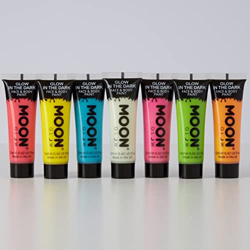 Moon Glow – Glow In The Dark Face & Body Paint - 0.42Oz Set Of 7 – Phosphorescent - Charge To Glow - Blacklight Keyring Included #TOP1