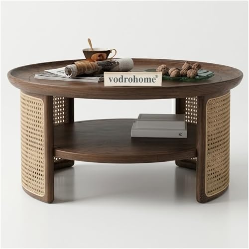 Image of Rattan Coffee Table - Cane Center Table with Shelf for Storage - Bohemian Solid Mango Wood Coffee Table for Office and Living Room C#042 (Walnut Finish)