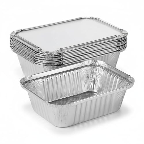 Aluminium Foil Food Trays No.2 with Lids – Disposable Takeaway Containers for Meal Preparation, Baking, Roasting & Food Preservation – Robust, Leak Resistant, Freezer & Oven Safe (25)