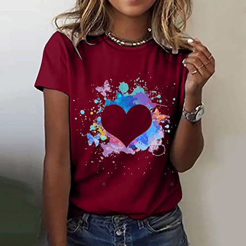 Women Casual Tops Shirt Heart Printed Fashion Tee Shirt Short Sleeve Loose Temperament T-Shirt O-Neck Top Shirt Casual T Wine #TOP1