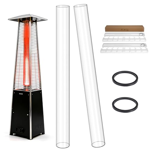 2 Pack Patio Heater Glass Tube Replacement, 49.5" Tall 4" Diameter Quartz Tube with Silicone Rubber Ring, Compatible with Hiland & Fire Sense 4-Sided Pyramid Flame Outdoor Heaters