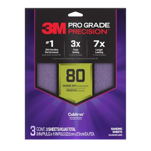 3M SHR80-PGP-3T Pro Grade Precision Faster Sanding Sanding Sheets 80-Grit Coarse 9 x 11 3-Pack