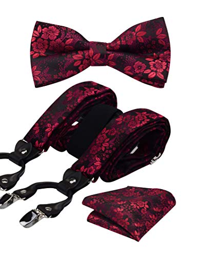 Image of GUSLESON Adjustable Plaid Floral 6 Clips Y Shape Suspenders Pre-tied Bow Tie and Pocket Square Set with Gift Box