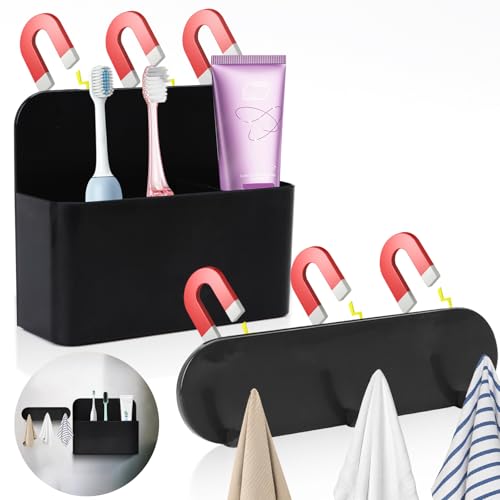 Magnetic Wall-Mounted Toothbrush Holder with Magnetic Hooks for Cruise Cruise Ship Essentials 2025- No Drilling Needed for Royal Caribbean & Alaska Cruise Ships Caribbean Royal Must-Haves(Black)