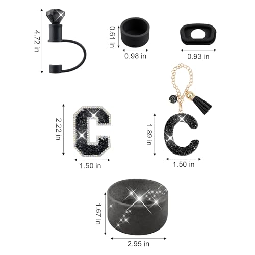 Hpebl 6PCS Black for Stanley Cup Accessories Set 30/40 OZ Bling Rhinestone Initials Charms for Stanley Decorations Tumbler Accessories Including Diamond Straw Topper, Spill Stopper（Letter D） - image 3