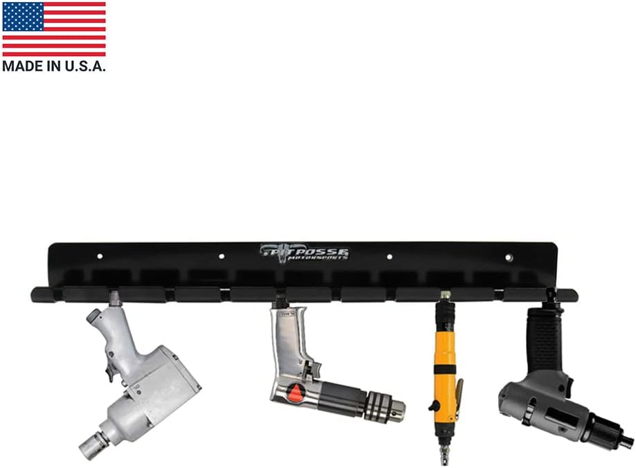 Pit Posse PP3118BK Air Tool Pneumatic Rack Holder Organizer for Enclosed Trailer Garage Shop - Made in USA - Holds up to 10 Air Tools - Aluminum Tool Storage (Black)