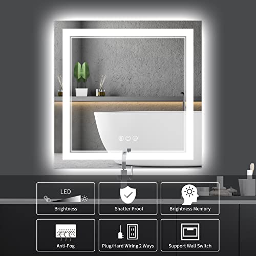 36 x 36 Inch Led Mirror for Bathroom, Backlit and Front Lighted Bathroom Vanity Mirror with Lights, Anti-Fog, 3 Colors Dimmable, Memory, Shatterproof Wall Led Mirror