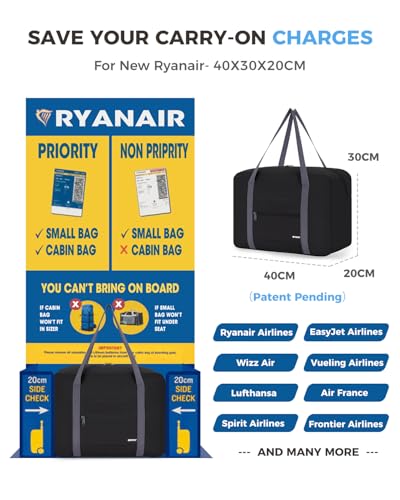 Ryanair Handgepäck 40x30x20, 40x20x25 Handgepäck Tasche für Flugzeug Reisetasche Klein Faltbare Sporttasche Weekender Koffer für Herren und Damen von WANDF(Schwarz 20L)