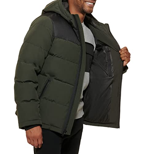 Dkny Men's Shawn Quilted Mixed Media Hooded Puffer Jacket, Dark Olive, Xxx-Large #TOP3