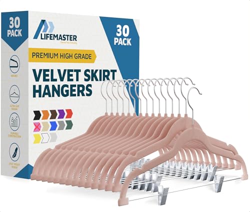 Lifemaster Velvet Pants Hangers – with Adjustable Clips, 360 Degree Swivel Hook, and Non-Slip Shoulder Notch, Holds Up to 10 lbs, for Organizing Skirt, Pants, Dress, and Clothes, Pack of 30, Pink