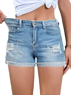FEKOAFE Plus Size Summer Jean Shorts for Women – Light Blue Distressed, Comfy Stretchy, Rolled Up St...