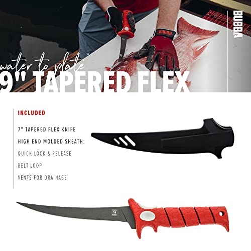 Bubba 9 Inch Tapered Flex Fillet Knife With Non-Slip Grip Handle, Full Tang High Carbon Stainless Steel Titanium Coated Non-Stick Blade, Lanyard Hole And Synthetic Sheath For Fishing #TOP5