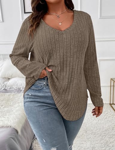 Image of Koscacy Women Plus Size Casual Knit Sweater V Neck Solid Color Tops Lightweight Long Sleeve Blouses