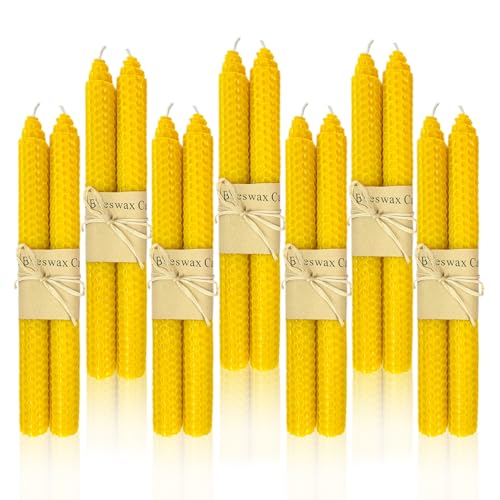 14 Pack Beeswax Taper Candles, Handrolled Bees Wax Candle for Home, Dripless & Unscented Candle Sticks, 9