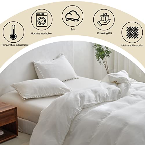 Simple&Opulence Linen And Bamboo Viscose Duvet Cover With Pom Pom Trim Farmhouse Flax Bedding Set - 1 Boho Comforter Cover And 2 Pillowshams - Queen, White #TOP3