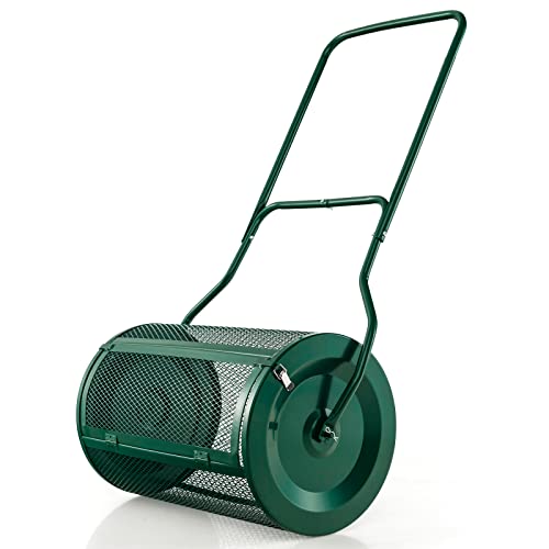 COSTWAY Esparcidor de Compost de 60,5 cm, Esparcidor de Turba con Mango en Forma de U Mejorado, Cierres Laterales, Rodillo de Malla de Metal Resistente para Fertilización y Siembra (Verde)