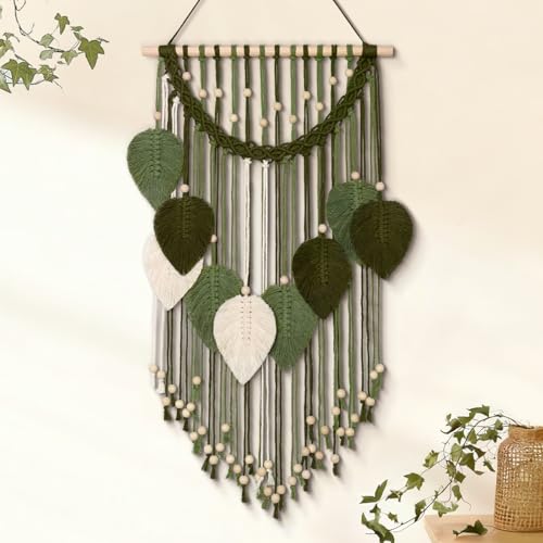 Weldomcor Macrame Wall Hanging Boho Leaf Woven Tapestry, Bohemian Chic Home Decor Modern Handmade Leaves Feather Wall Art Decorations for Bedroom Living Room Apartment Ornament (Green and White)