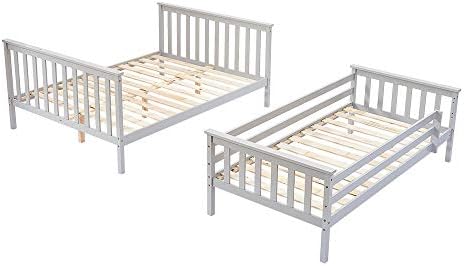 Triple Sleeper Bunk Beds, Single Top Double base bed | Solid Wood Frame, Children's Bed room Furniture, Wooden Bed Frame for Parents & Children (Grey)