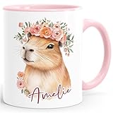 SpecialMe® Kindertasse personalisiert mit Name Capybara Blumenkranz Wasserschwein Aufdruck für Kinder Mädchen Weiss-innen-rosa standard
