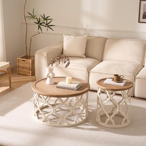 Cagnolier Table Basse Ronde, Table de Salon en Bois avec Pieds ajourés, Table Basse Moderne avec Bords surélevés pour Salon ou Chambre à Coucher, Table Basse Ronde