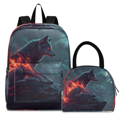Backpack Lunch Box Set Large Capacity Travel Backpacks and Insulated Lunch Bag for Commute Hiking Picnic Wolf Moon Print
