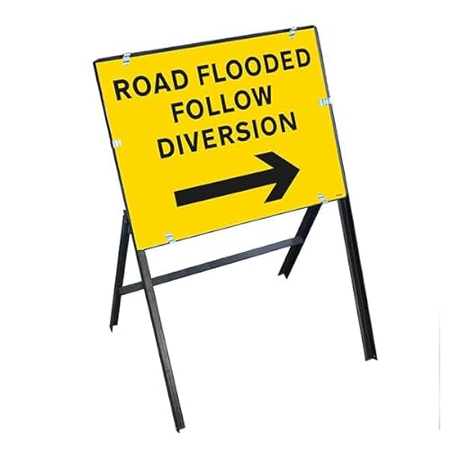 V Safety Road Flooded Follow Diversion Safety Sign Right Arrow - Temporary Flood Warning Sign with 900 x 600mm Folding Steel Stanchion Frame - 600 x 450mm Rigid Plastic Sign for Traffic Control