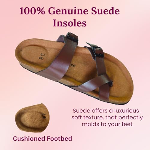 Image of Women's Genuine Leather Slippers | Comfort Sandals | Cushioned Suede Footbed | Anti-Skid Cork Sole | Flip Flips for Everyday Use