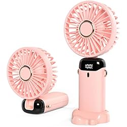 JANREAY Mini ventilador de mano USB de escritorio, ventilador de mesa pequeño con 5 velocidades y batería USB, ventilador eléctrico plegable para viajes, oficina, hogar (Rosa)