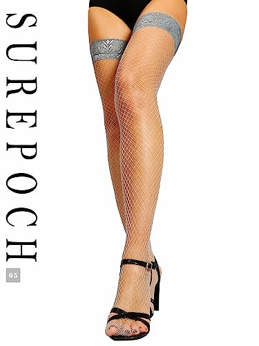 Image of SUREPOCH Lace Top Fishnet Thigh High Stockings Silicone Top Stay Up Tights for Women